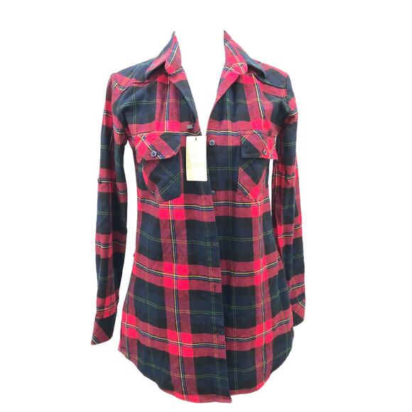 Matchstick Tops - Matchstick Red Plaid Flannel Shirt Roll Tab Sleeves Tie Back Waist XS NWT
